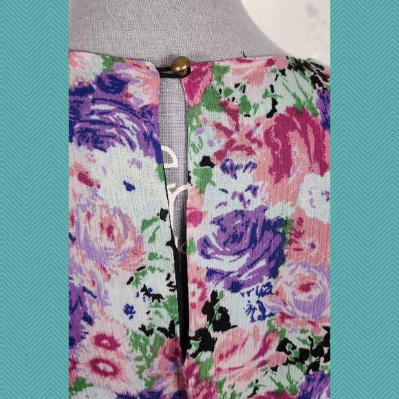 WAYF Pink Colorful Floral Chiffon Overlay Round Neck Mini Dress - Picture 4 of 5